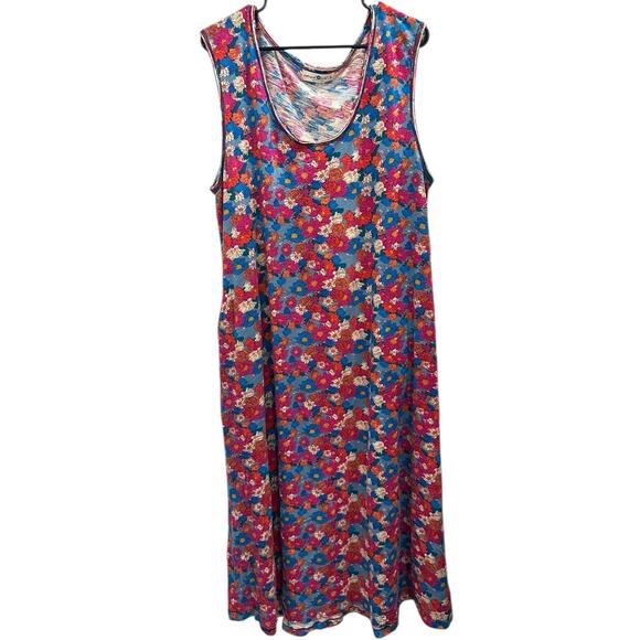 Natural Life Pink Blue Floral Hangout Cotton Jersey Midi Tank Dress Boho Cottage - Picture 3 of 10